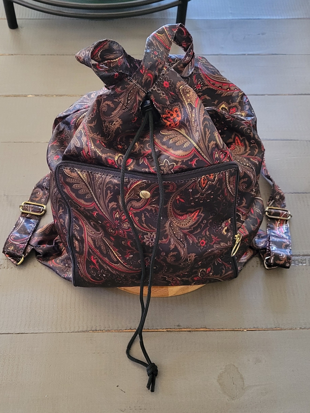 Stylish Paisley Drawstring Backpack/Wallet- Black & Red